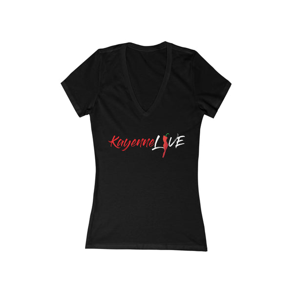 Kayenne Live Logo White_Women's Jersey Short Sleeve Deep V-Neck Tee